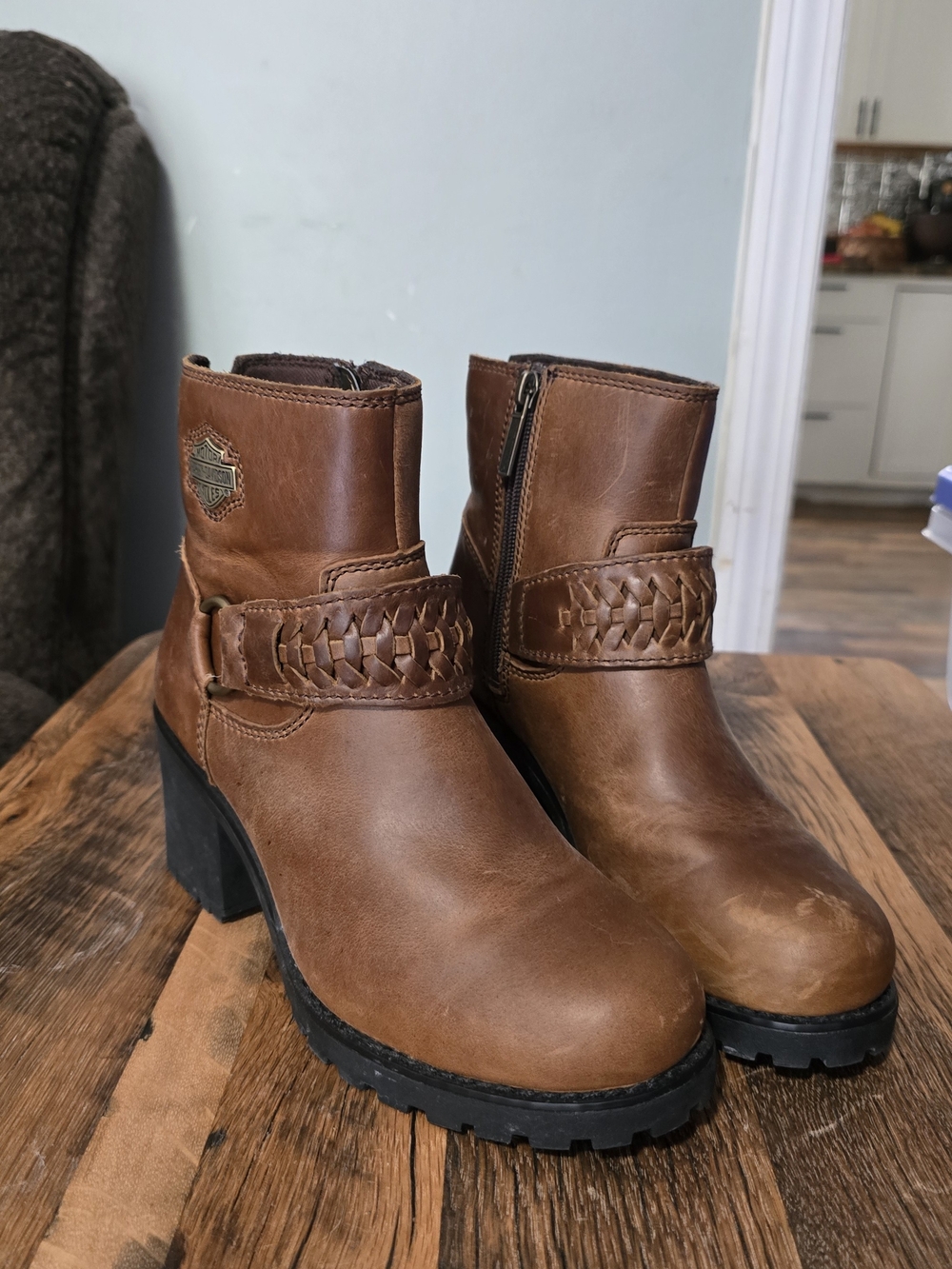 Harley-Davidson Brown Leather Woven Strap Block Heel Ankle Boots
